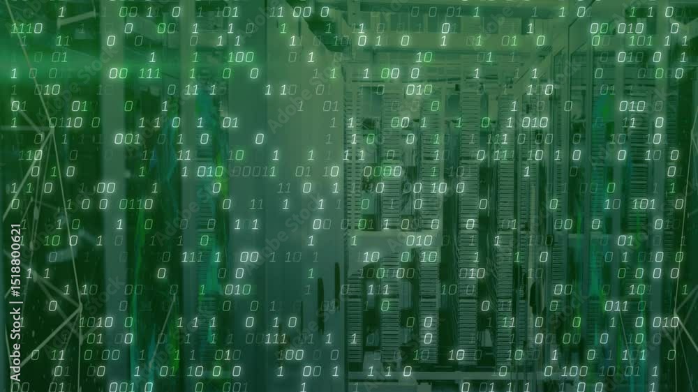 Upon initialization server rack receiving cascading green binary digits illustrating fast data flow Upon initialization server rack receiving cascading green binary digits illustrating fast data flow