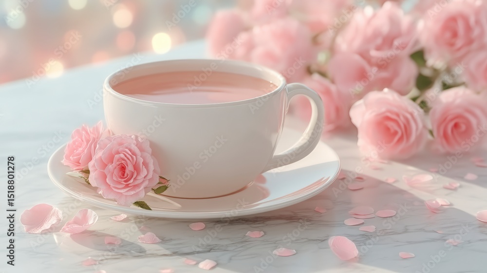 Fototapeta premium Elegant Pink Teacup Roses Marble Table Cinematic Still Life