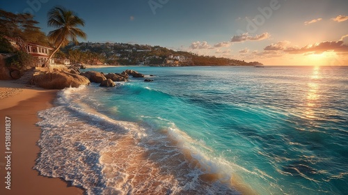 Serene Sunrise Beach Scene  Palm Tree  Ocean Waves  Coastal Houses