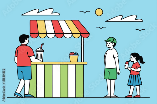 People at a striped stand with drinks and ice cream under a bright sun and fluffy white clouds