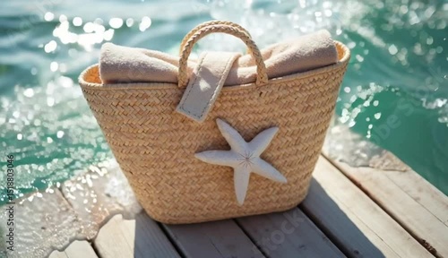 Straw beach bag with starfish by the water on a sunny day  