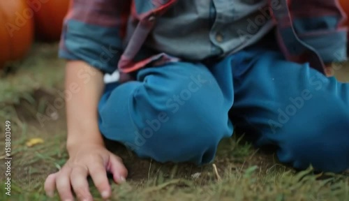 Child kneeling on grass near pumpkins during autumn season  