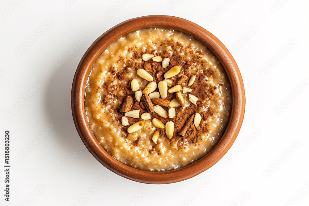 A photorealistic top-down view of a Lebanese meghli pudding with cinnamon and pine nuts A photorealistic top-down view of a Lebanese meghli pudding with cinnamon and pine nuts