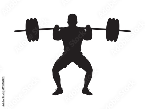 Heavy Weightlifter Silhouette: Man Squatting with Barbell for Strength Training.

