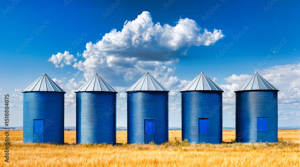 Blue metal grain storage silos stand in golden wheat field under cloudy sky. Agricultural facility for crop and farming operations in rural countryside landscape. Blue metal grain storage silos stand in golden wheat field under cloudy sky. Agricultural facility for crop and farming operations in rural countryside landscape.