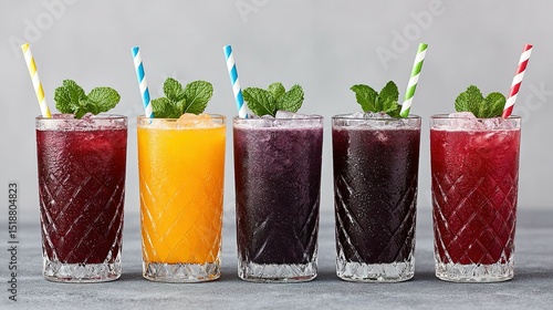 Colorful fruit drinks in glasses with striped straws.