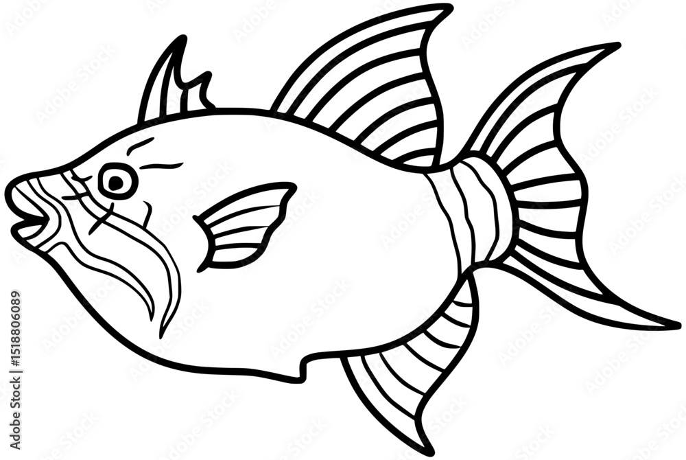 Fototapeta premium Queen Triggerfish Vector Cartoon Outline Line Art Drawing