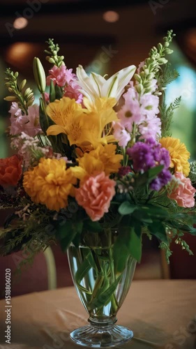 Wallpaper Mural Close up vibrant floral arrangement with colorful lilies, carnations and greenery in a crystal vase on a table indoor. Torontodigital.ca