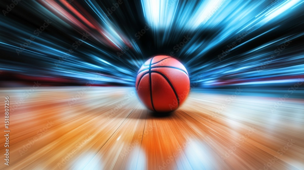 Fototapeta premium A dynamic shot of a basketball bouncing on a hardwood floor, with motion blur capturing the energy and excitement of the game in action
