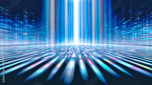Digital data stream with blue light beams flowing through cyber tunnel. Futuristic technology grid with neon glow and speed motion trails perspective.