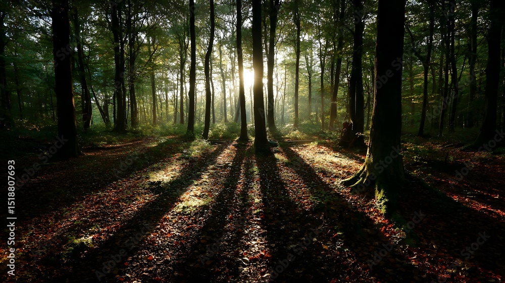 Obraz premium Sunlight filters through the towering trees in a lush green forest casting long dramatic shadows on the ground blanketed with fallen leaves