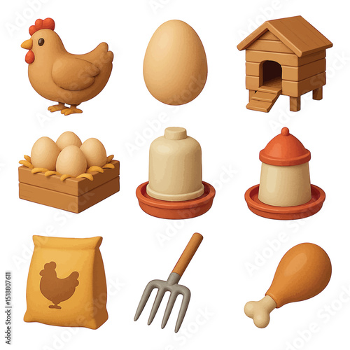 A charming 3D icon set featuring key elements of chicken farming—hens, eggs, coops, feeders, and tools. Ideal for farm apps, educational content, or agricultural designs.