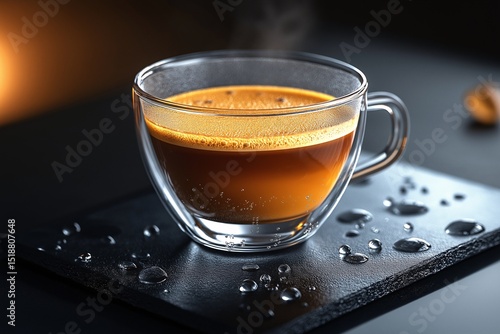 Elegant Coffee Ritual. Hot Espresso with Steam in a Glass Cup on a Dark Table Setting - Capturing Aromatic Coffee Time