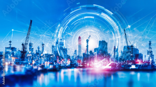Industrial port facility with advanced digital technology overlay featuring circular network connections, data visualization, and smart infrastructure integration for modern manufacturing operations