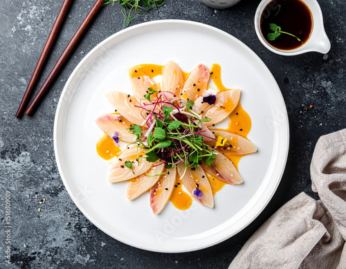 Peruvian-Japanese Tiradito with Yellow Chili Ponzu and Fresh Garnishes