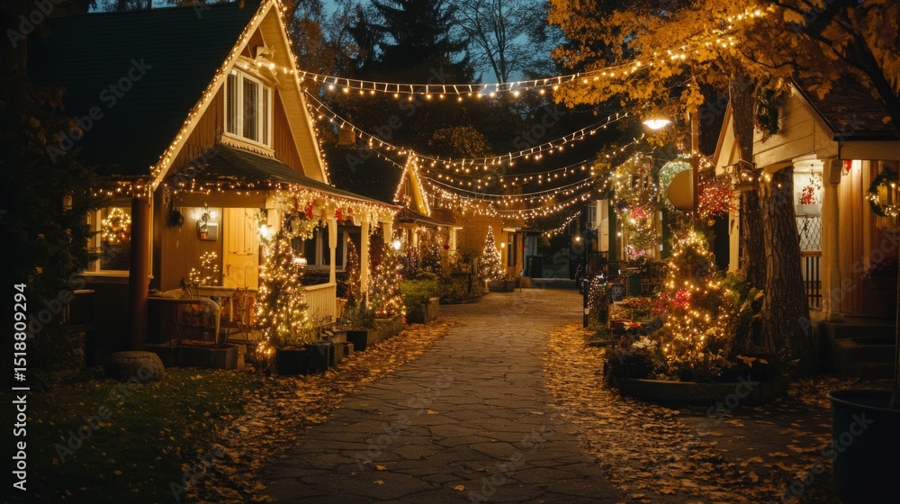 Fototapeta premium A peaceful suburban street lined with well-lit houses, decorated with string lights, creating a festive atmosphere that highlights the charm of residential neighborhoods at night
