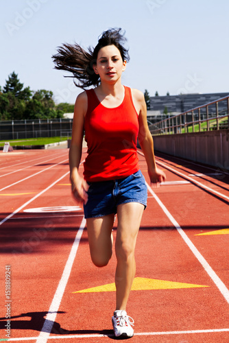 Young Hispanic Teen Woman Running On Track