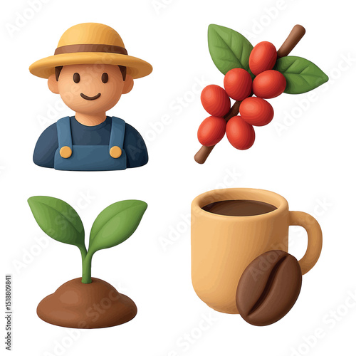 3D icon set featuring a coffee farmer, coffee branch, young plant, and coffee cup. Perfect for agriculture, farming, and coffee industry themes. Warm tones, clean, and modern look.