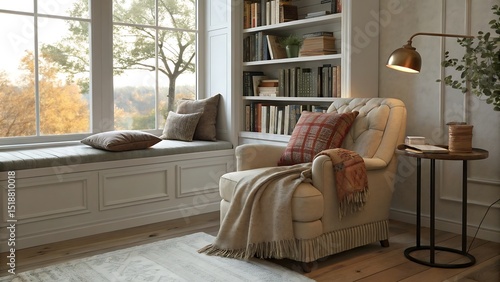 Interior view of a cozy reading nook with armchair and window seat