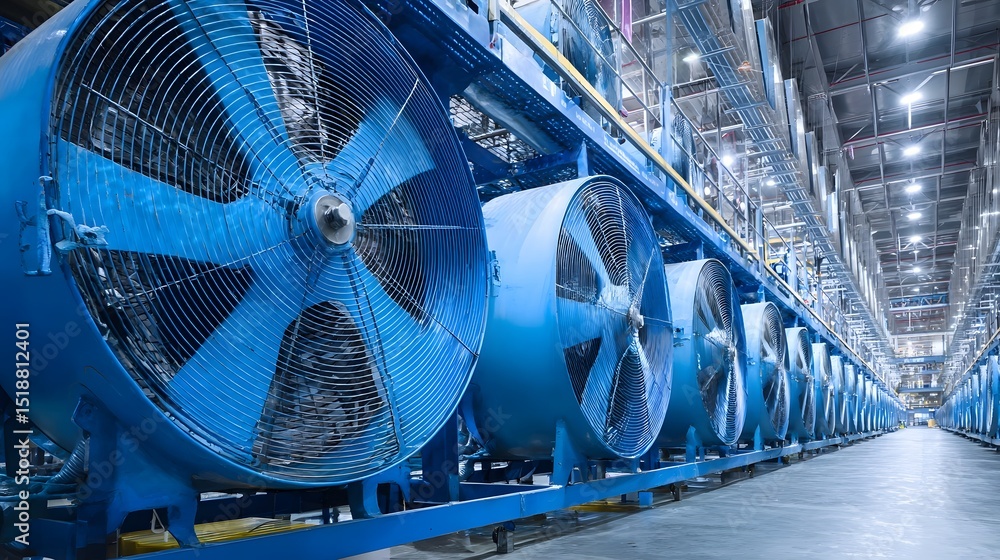 Obraz premium Rows of large powerful blue industrial fans arranged in a clean well lit factory warehouse setting providing efficient cooling and ventilation equipment for the manufacturing environment