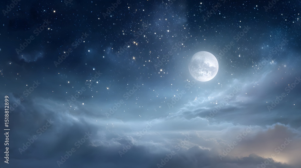 Ethereal night sky filled with a full moon twinkling stars and wispy clouds creating a serene and enchanting atmosphere Ethereal night sky filled with a full moon twinkling stars and wispy clouds creating a serene and enchanting atmosphere