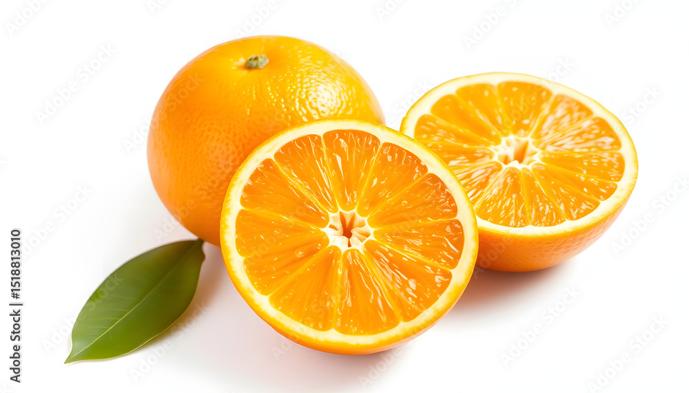 Fototapeta premium Juicy orange citrus fruits with vibrant slices and halves on a clean white or transparent backdrop, enhance. isolated with white highlights