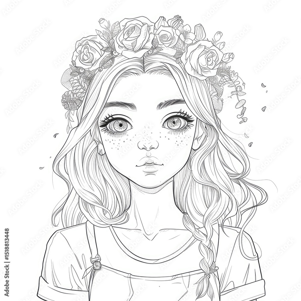 A girl with a floral crown, detailed line art portrait. A girl with a floral crown, detailed line art portrait.