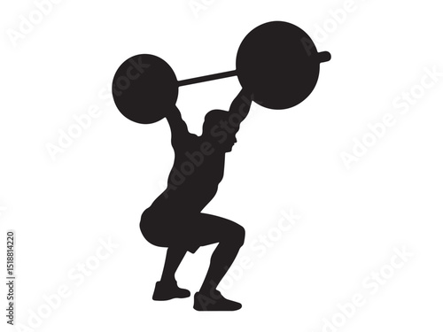 Athlete Split Jerk Silhouette: Man Lifting Barbell Overhead in Powerlifting.

