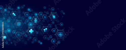 Healthcare icons inside pattern of glowing hexagons for medical research presentation background. Futuristic innovation health care plan concept. Vector illustration