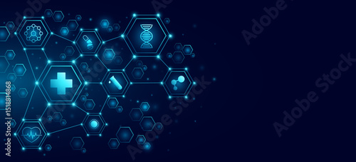 Healthcare icons inside pattern of glowing connected hexagons for medical research presentation background. Scientific innovation health care plan concept. Vector illustration