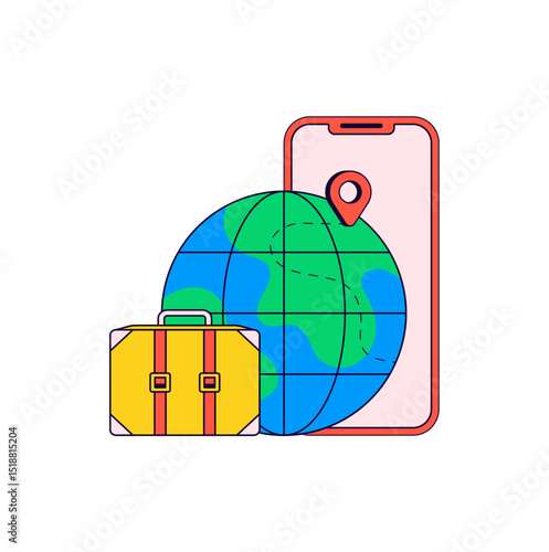 Globe, a travel suitcase, and a smartphone with a location pin. Ideal for travel apps, global navigation, vacation planning, and tourism in colorful illustration hand drawn