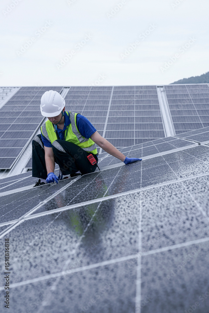 custom made wallpaper toronto digitalEngineers install solar panels on a wet rooftop during cloudy weather
