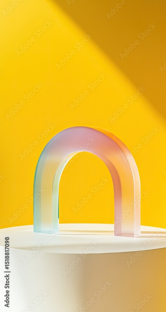 Fototapeta premium Colorful arch sculpture on a white pedestal against a bright yellow backdrop