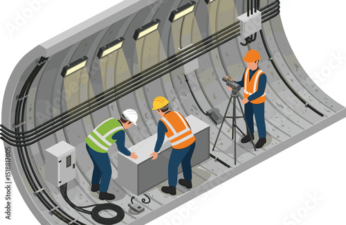 Team of electrical engineers conducting underground tunnel maintenance and inspection of high-voltage power cables using blueprint and technical tools 