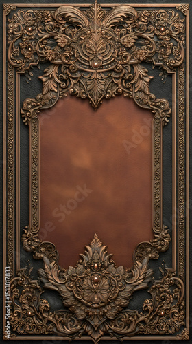 Vintage Leather Book Cover with Ornate Frame and Floral Carvings