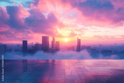 Vibrant Urban Sunset Cityscape. Breathtaking Skyline Reflection at Twilight