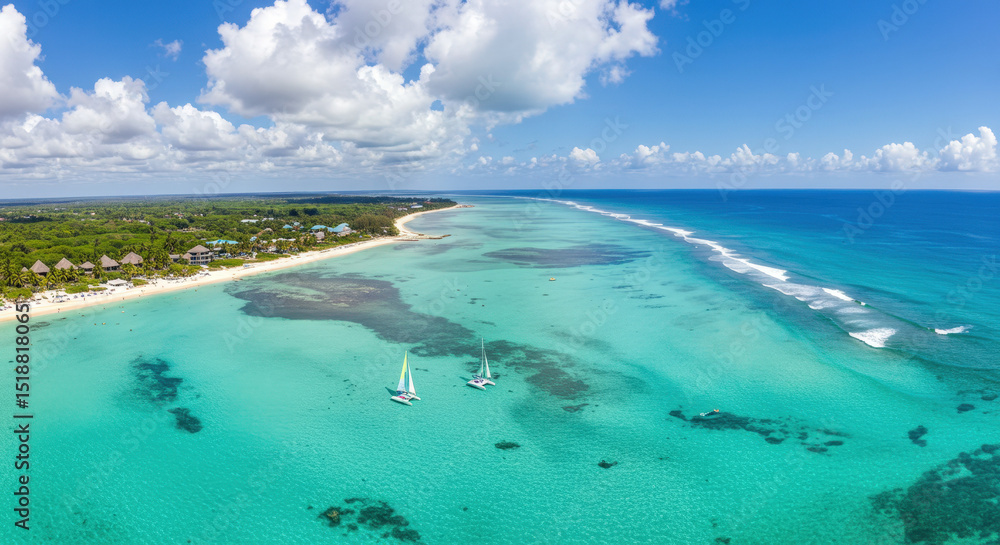 Obraz premium Aerial View of Tropical Beach Turquoise Waters, White Sand, and Sailing Boats