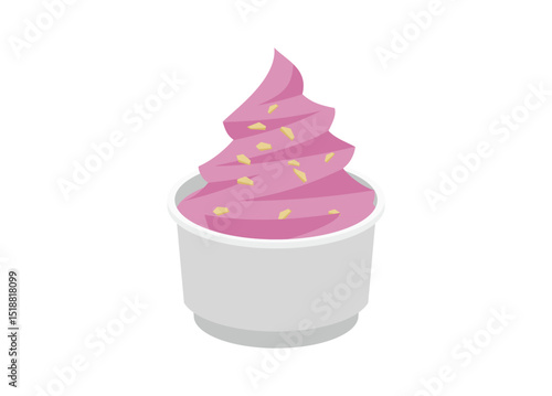 Strawberry ice cream with cashew flakes in cup. Simple flat illustration.