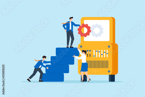 Flat illustration of business leader inserting gear into productivity machine with team support for innovation