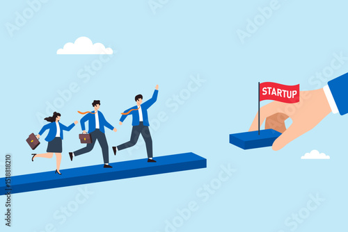 Flat illustration of business leader hand connecting bridge for employees to reach startup destination with teamwork and momentum