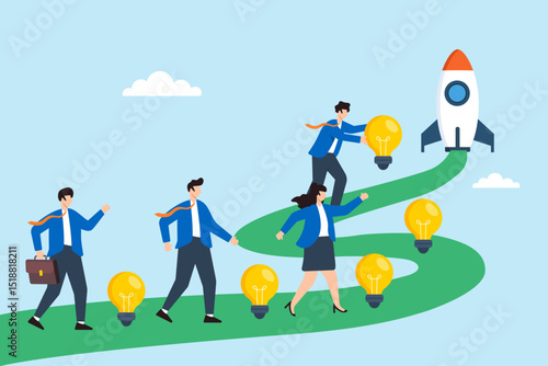 Flat illustration of business leader placing lightbulbs on innovation trail with team walking toward startup rocket