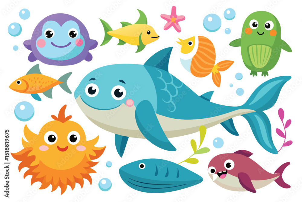 Fototapeta premium Cute Cartoon Sea Animals Illustration with Shark Fish Starfish and Bubbles