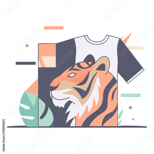 An illustration in a modern flat design style features a black and white t-shirt with a striking, stylized tiger head printed on the front. The tiger's head is predominantly orange and brown with whit