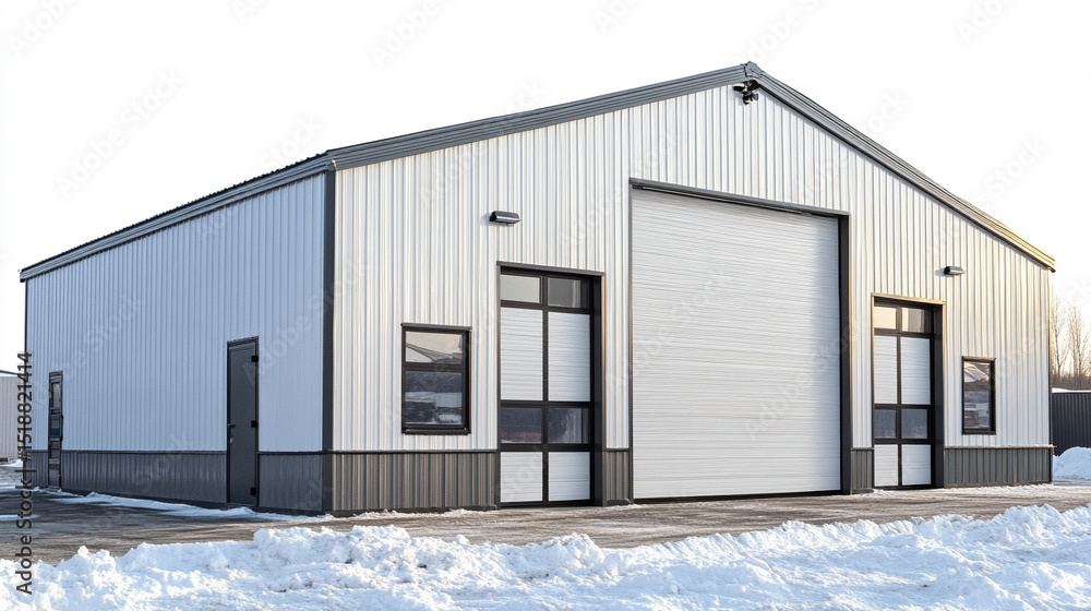 Modern white industrial warehouse tent with large sliding doors stands on concrete in an open spacious area under clear sky. Empty commercial building ideal for storage or industrial use.
Modern white industrial warehouse tent with large sliding doors stands on concrete in an open spacious area under clear sky. Empty commercial building ideal for storage or industrial use.