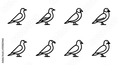 Set of Line Art Bird Icons Featuring Songbirds  in Minimal Style