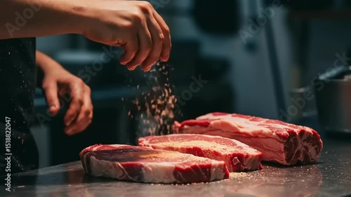 Raw meat being seasoned with salt