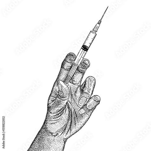 Illustration etching injection medicine drug with stipple dotted