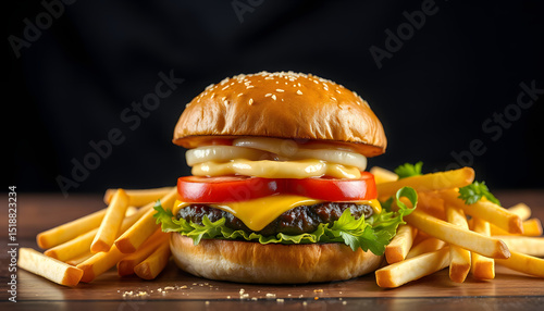 Juicy hamburger and golden french fries on a shadowy table, studio photography. isolated with white highlights