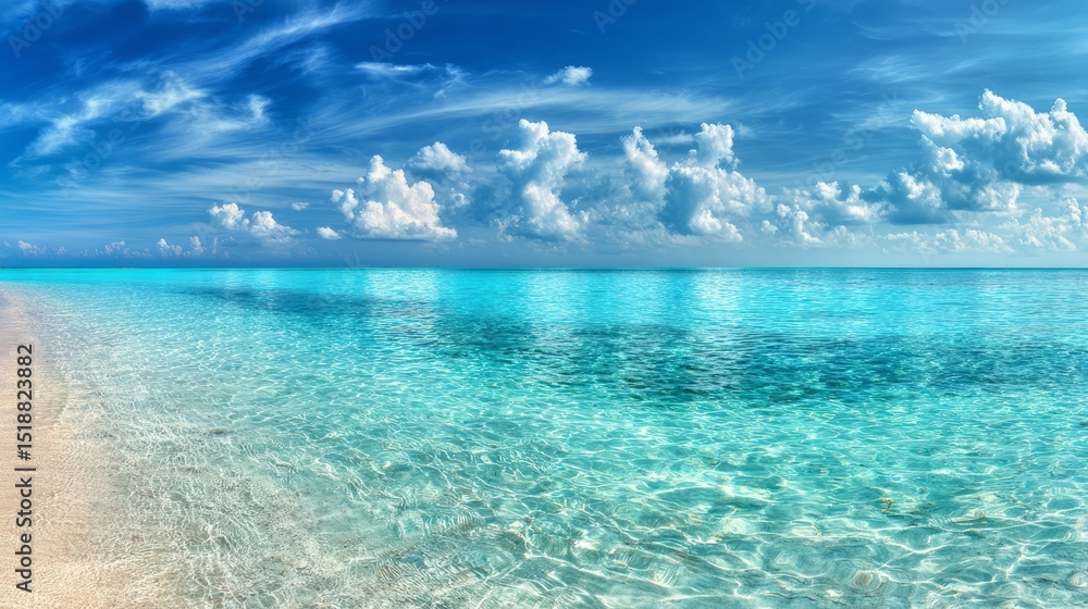 Tropical beach with turquoise water and white sand under blue sky, embodying serene vacation bliss
Tropical beach with turquoise water and white sand under blue sky, embodying serene vacation bliss
