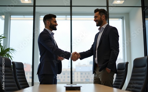 Two Young South Asian Businessmen Shaking Hands in Corporate Office Conference Room. Operations Manager and Team Leader Discussing Creative Business Solutions for Their Company Project. High quality